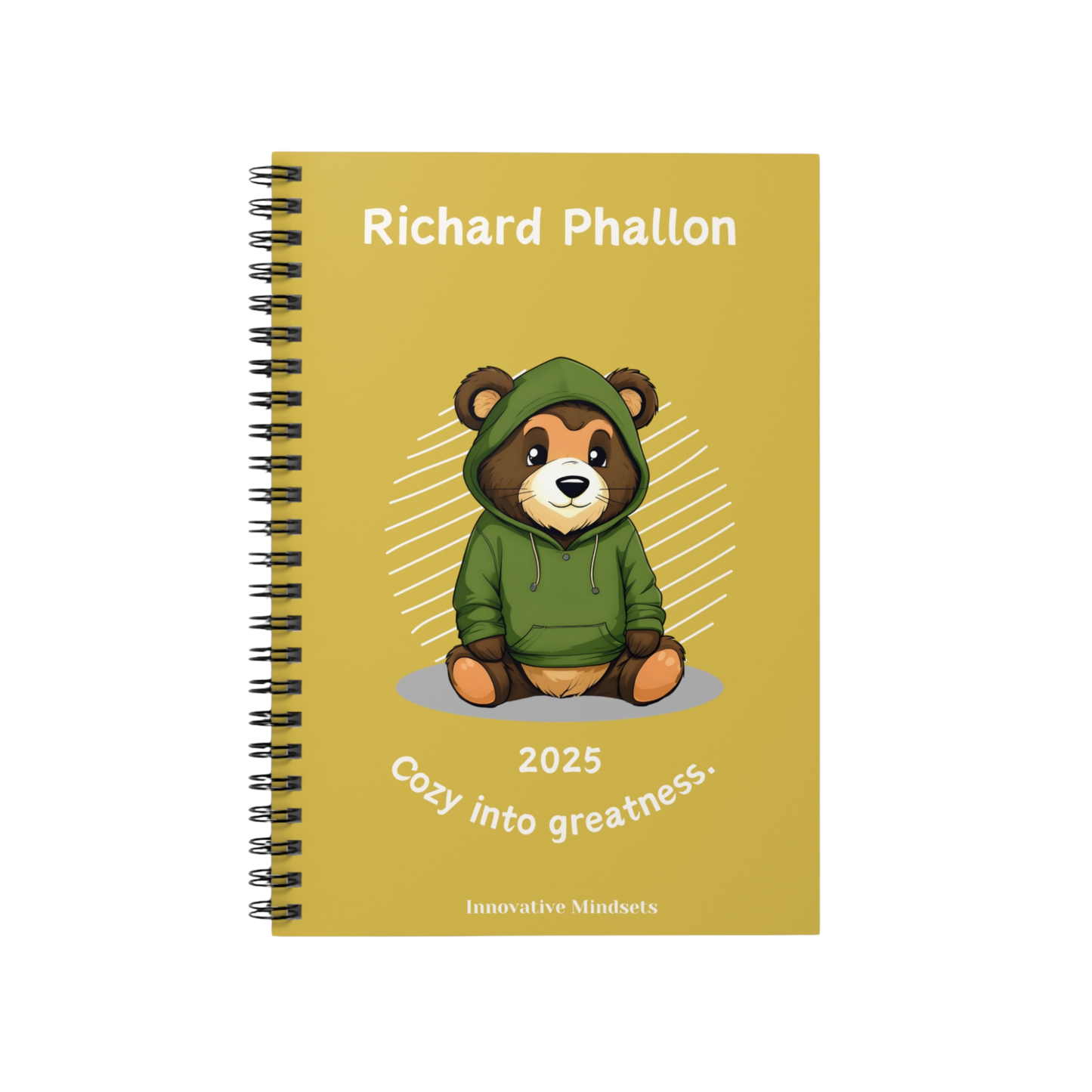 "Cozy into Greatness." 2025 Personalized Bear Spiral Notebook for Kids II