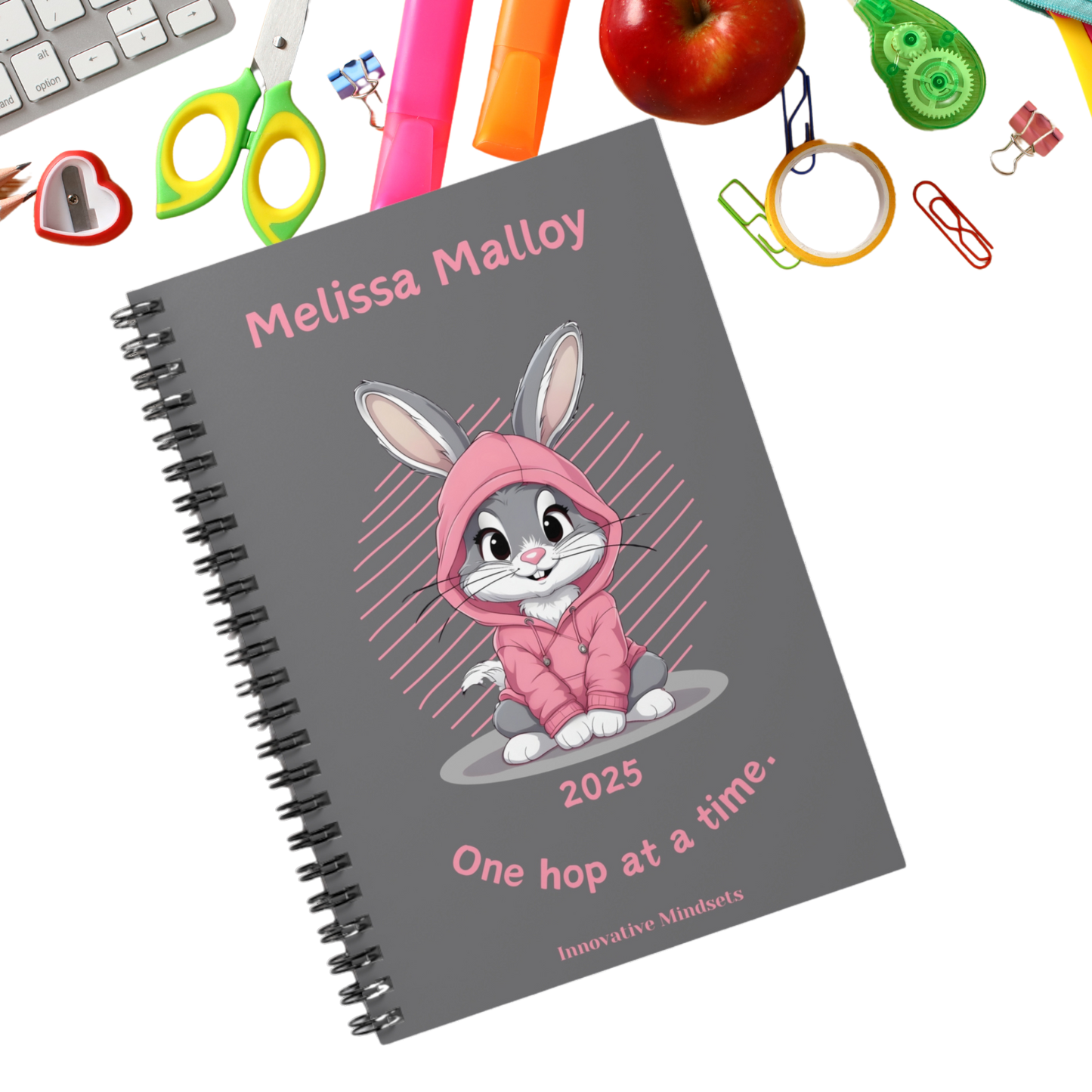 "One hop at a time." 2025 Personalized Bunny Rabbit Spiral Notebook for Kids II