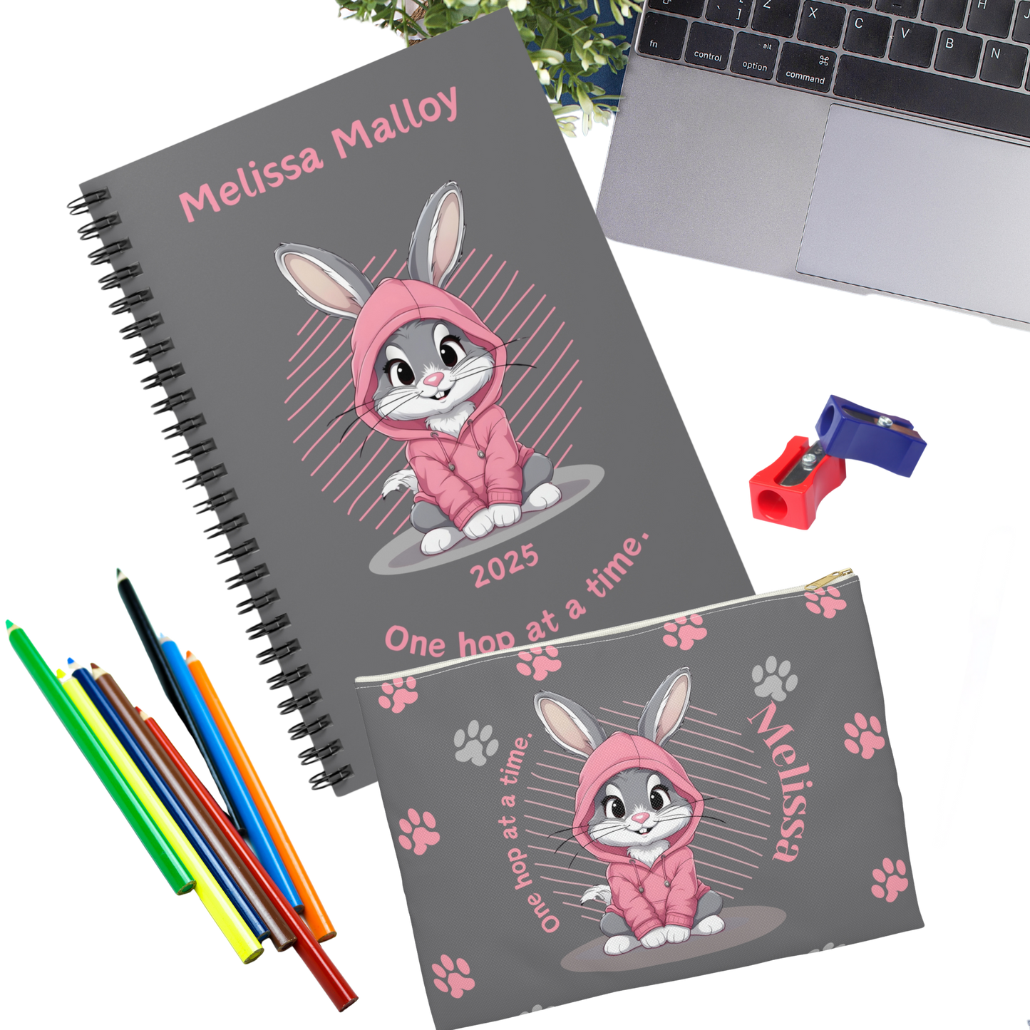 "One hop at a time." 2025 Personalized Bunny Rabbit Spiral Notebook for Kids II