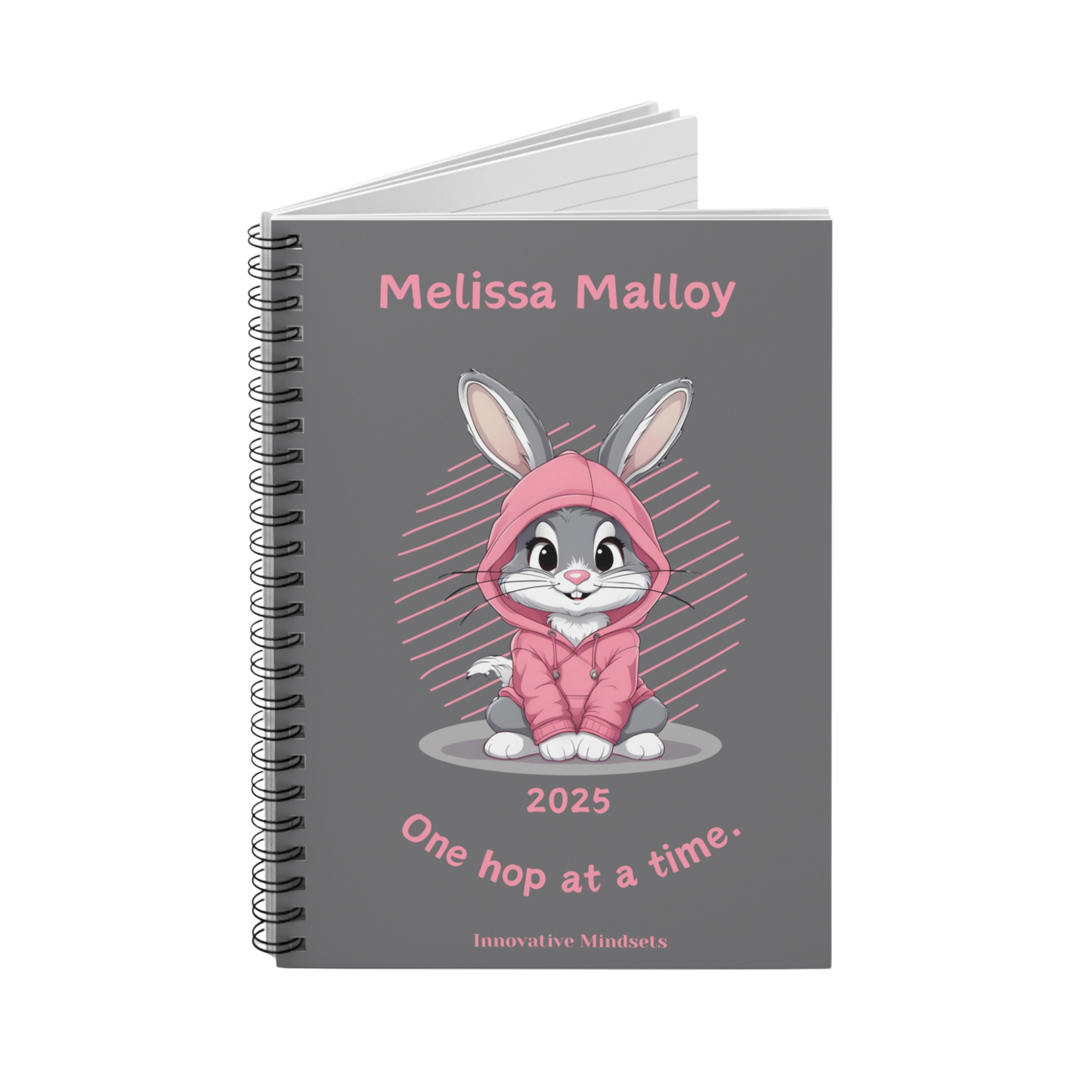 "One hop at a time." 2025 Personalized Bunny Rabbit Spiral Notebook for Kids II