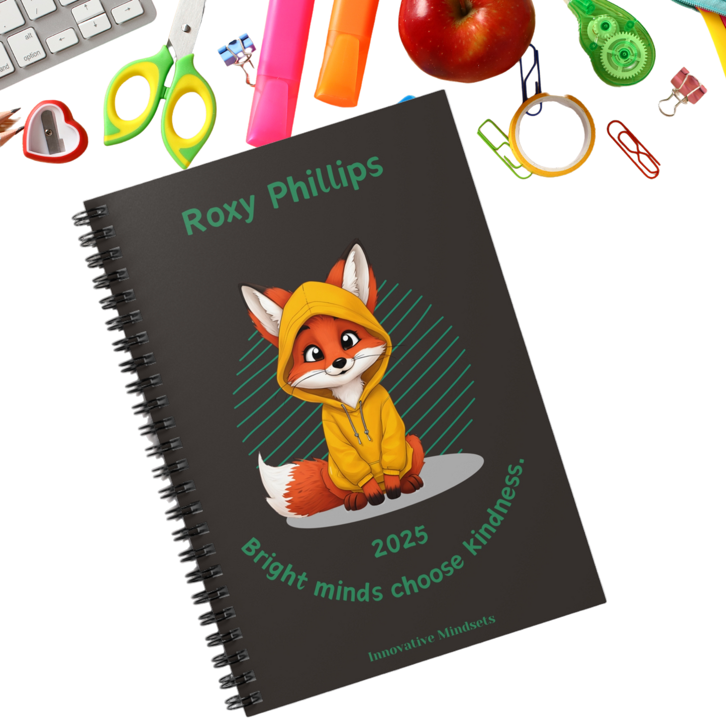 "Bright minds choose kindness." 2025 Personalized Fox Spiral Notebook for Kids I