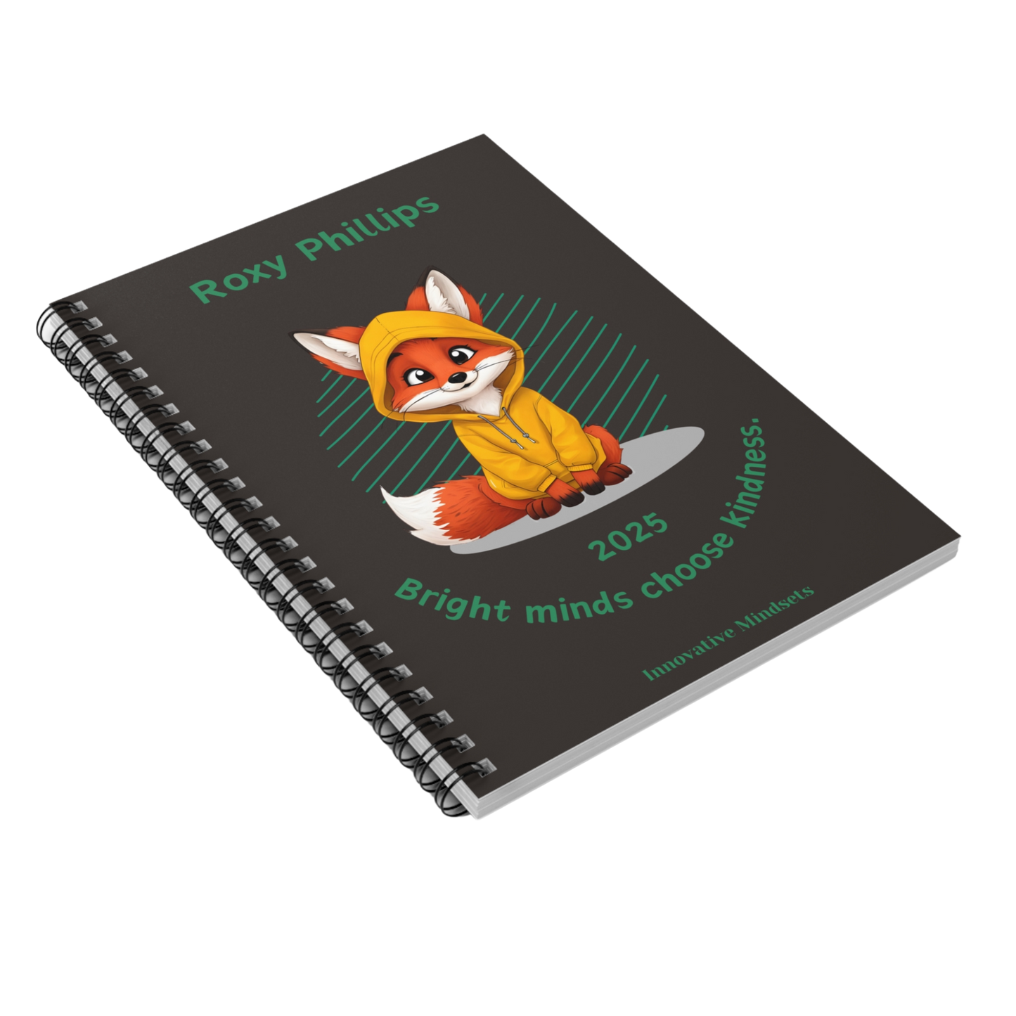 "Bright minds choose kindness." 2025 Personalized Fox Spiral Notebook for Kids I