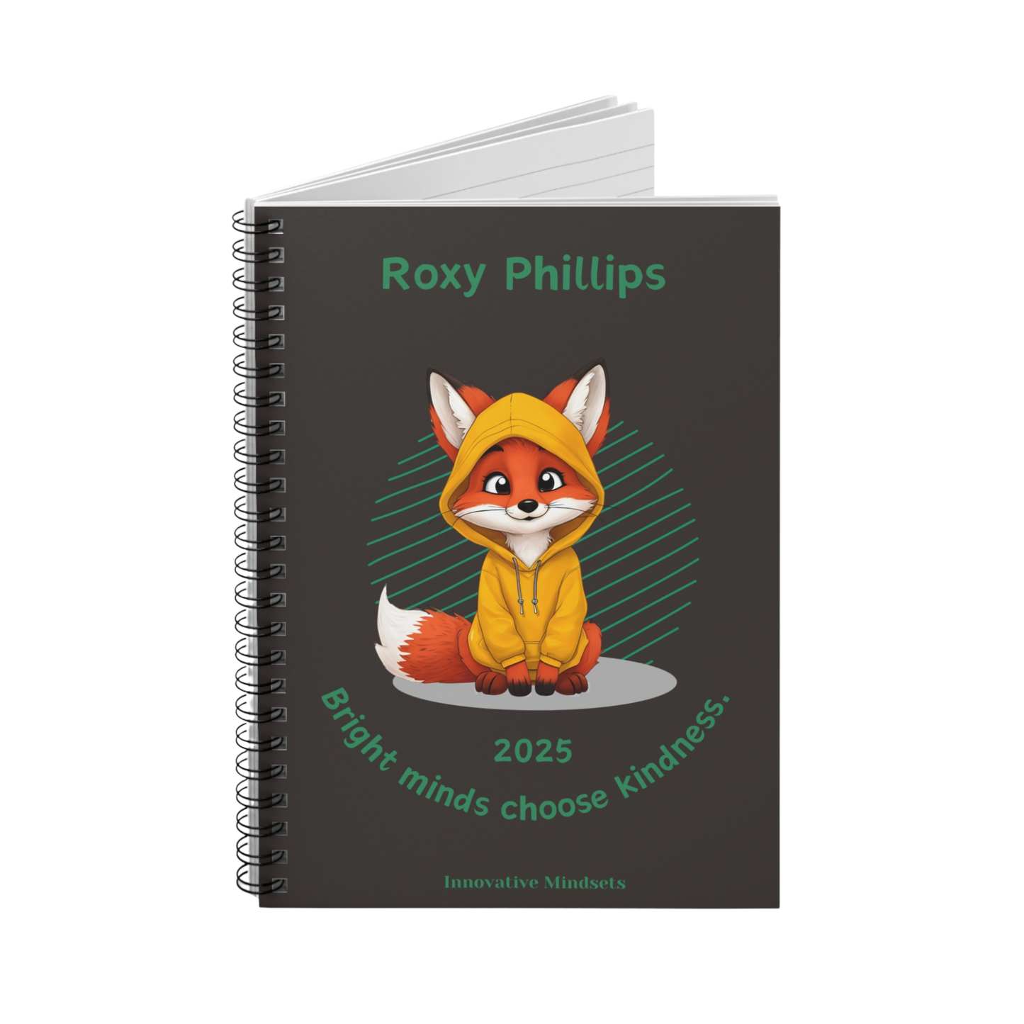 "Bright minds choose kindness." 2025 Personalized Fox Spiral Notebook for Kids I