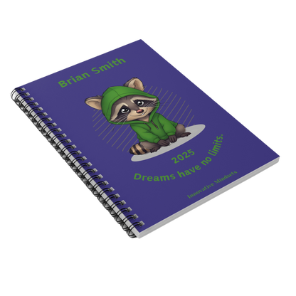 "Dreams have no limits." 2025 Personalized Racoon Spiral Notebook for Kids I