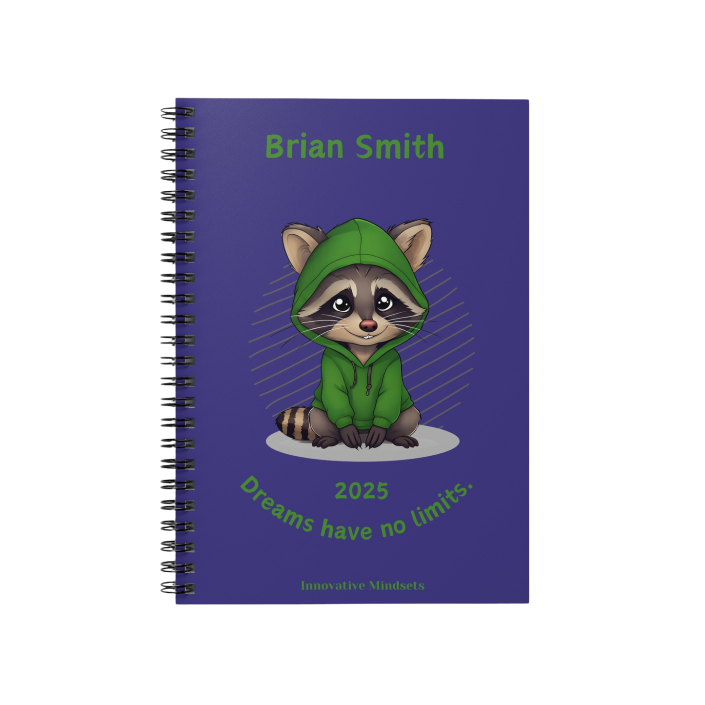 "Dreams have no limits." 2025 Personalized Racoon Spiral Notebook for Kids I