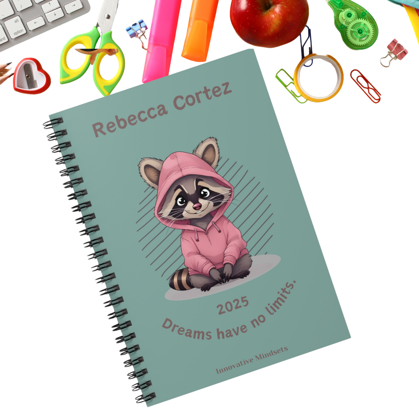 "Dreams have no limits." 2025 Personalized Racoon Spiral Notebook for Kids II