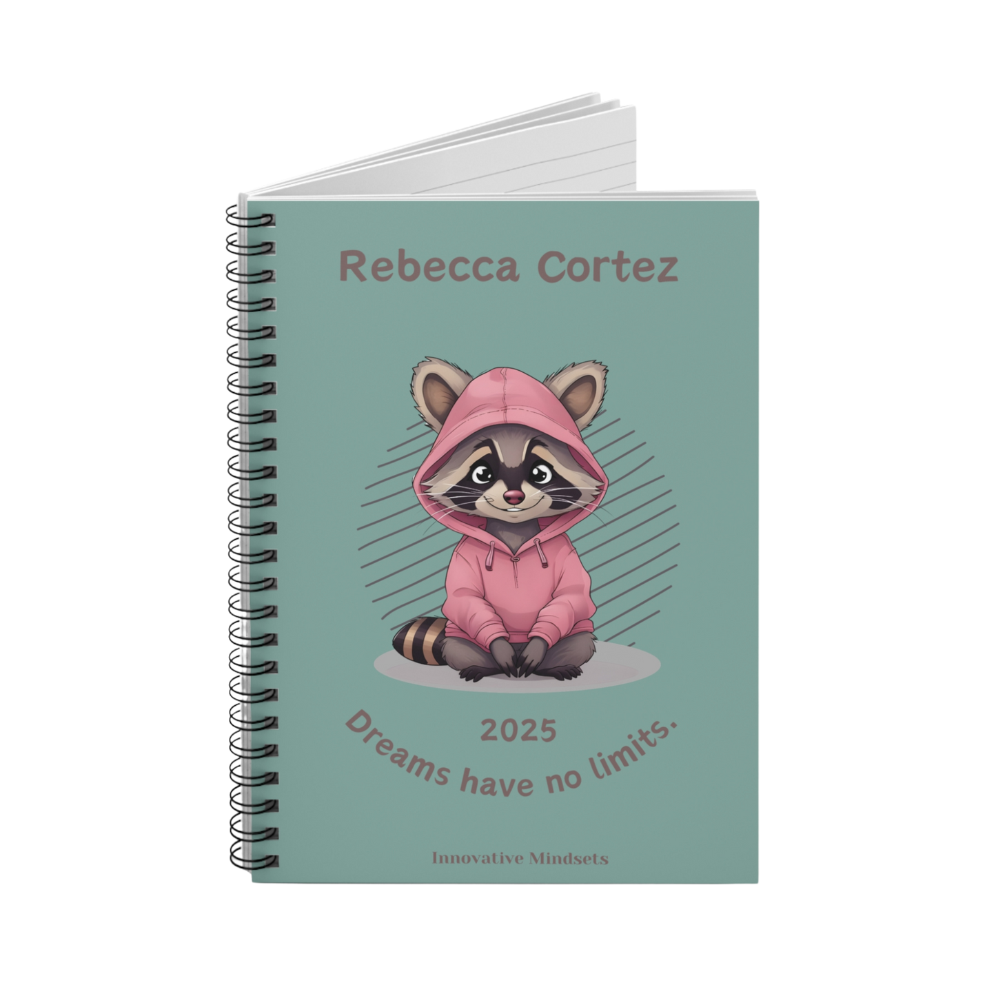 "Dreams have no limits." 2025 Personalized Racoon Spiral Notebook for Kids II