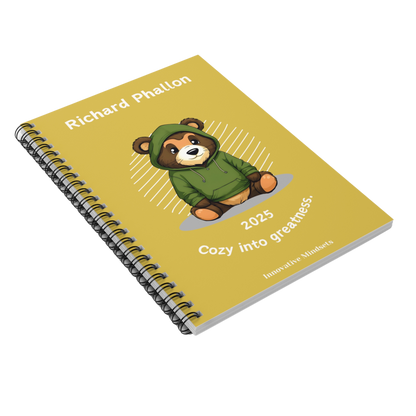 "Cozy into Greatness." 2025 Personalized Bear Spiral Notebook for Kids II