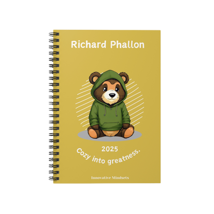 "Cozy into Greatness." 2025 Personalized Bear Spiral Notebook for Kids II