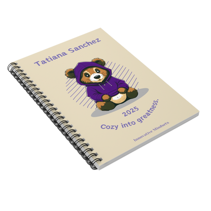 "Cozy into Greatness." 2025 Personalized Bear Spiral Notebook for Kids I
