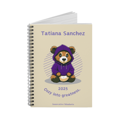 "Cozy into Greatness." 2025 Personalized Bear Spiral Notebook for Kids I