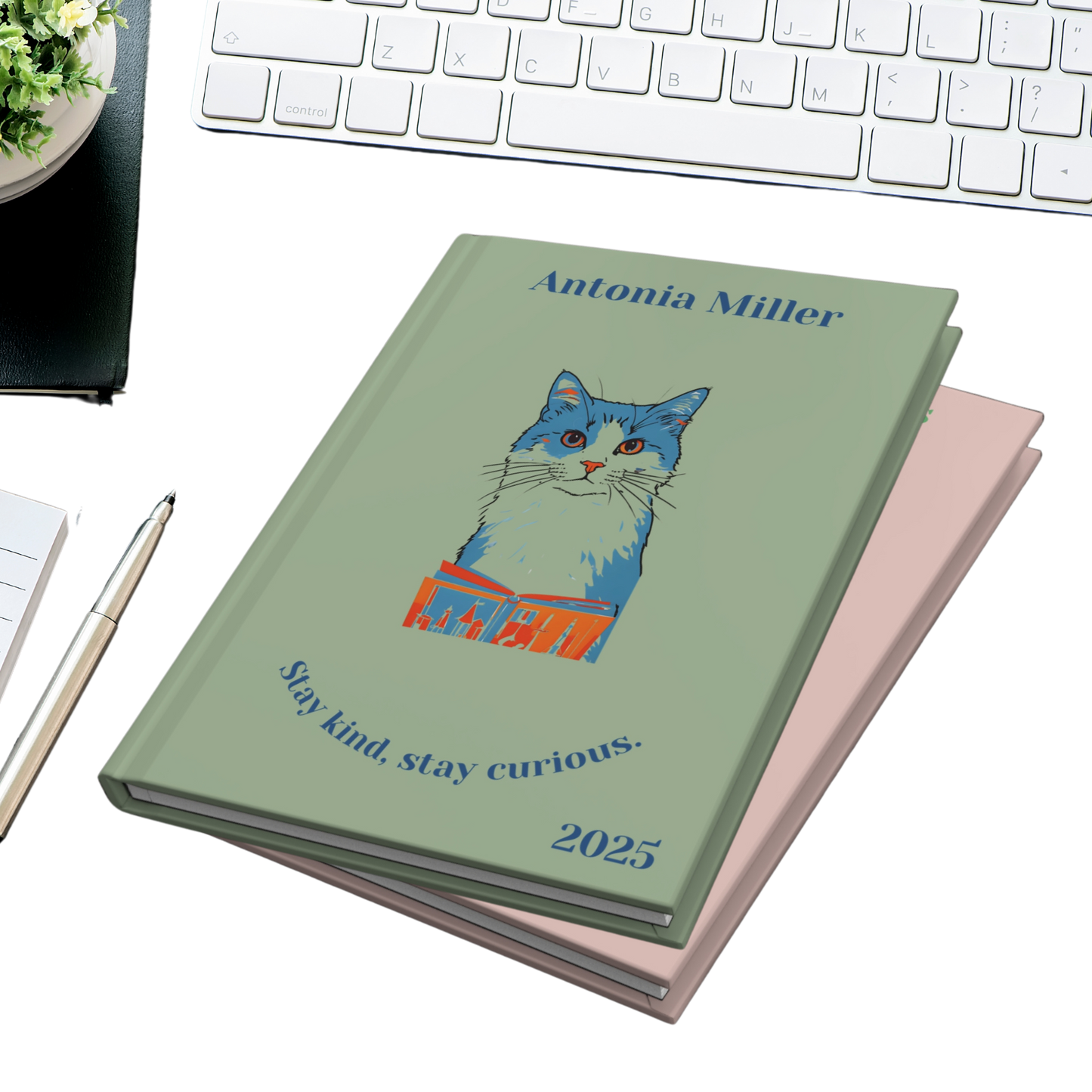 "Stay kind, stay curious." 2025 Personalized Name & Message Hardcover Cat Journal