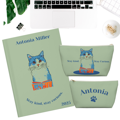 "Stay kind, stay curious." 2025 Personalized Name & Message Hardcover Cat Journal