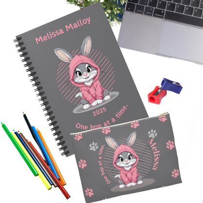 "One hop at a time." 2025 Personalized Bunny Rabbit Spiral Notebook for Kids II
