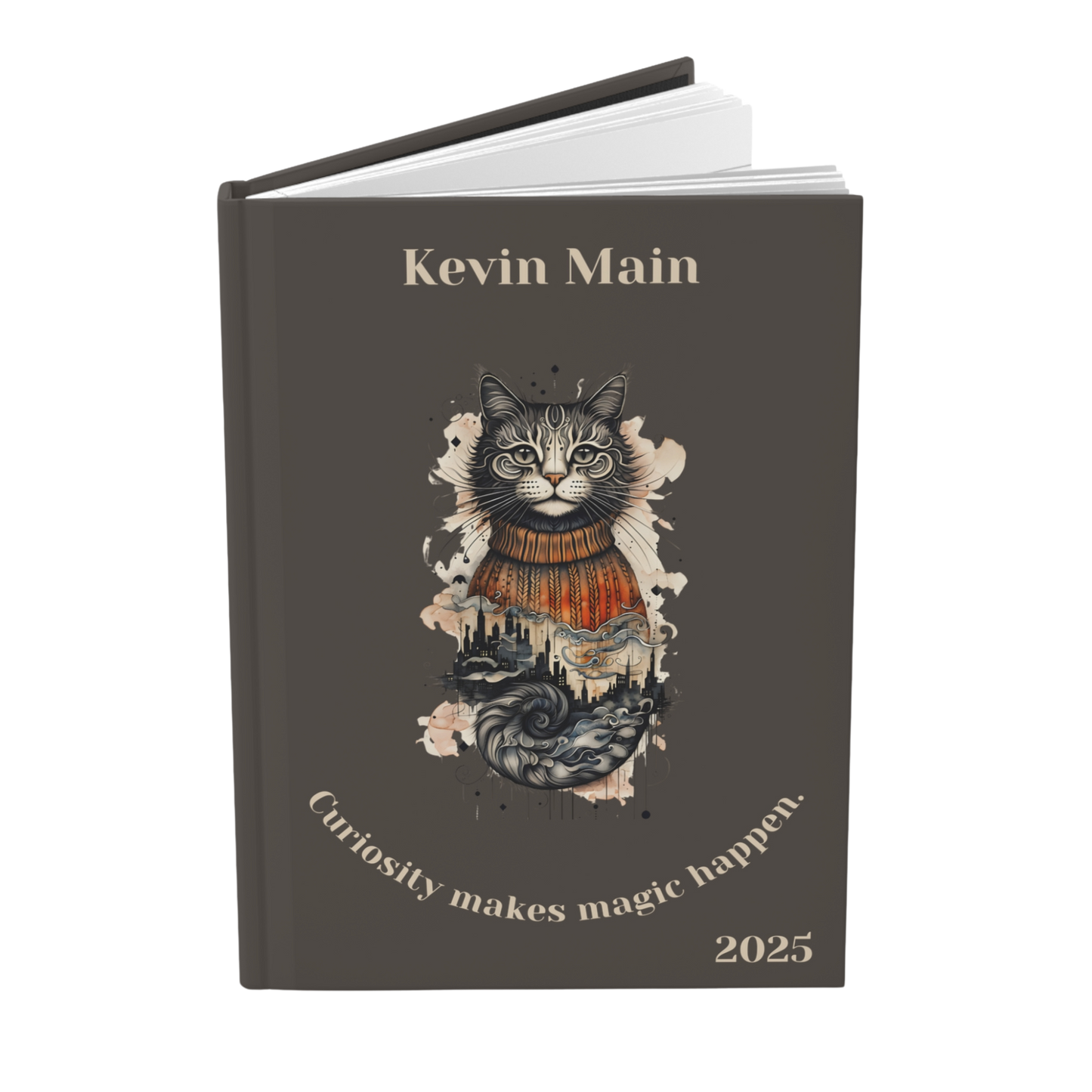 "Curiosity makes magic happen." 2025 Personalized Name & Message Hardcover Cat Journal