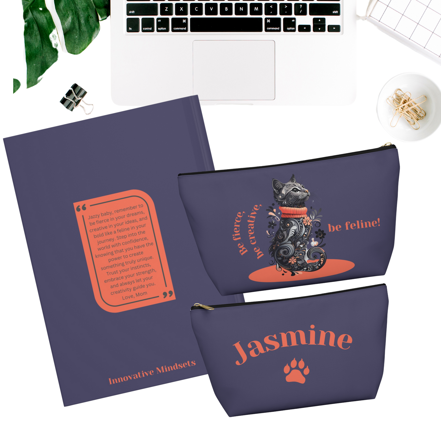 "Be fierce, be creative, be feline!" Personalized Name & Message Hardcover Cat Journal